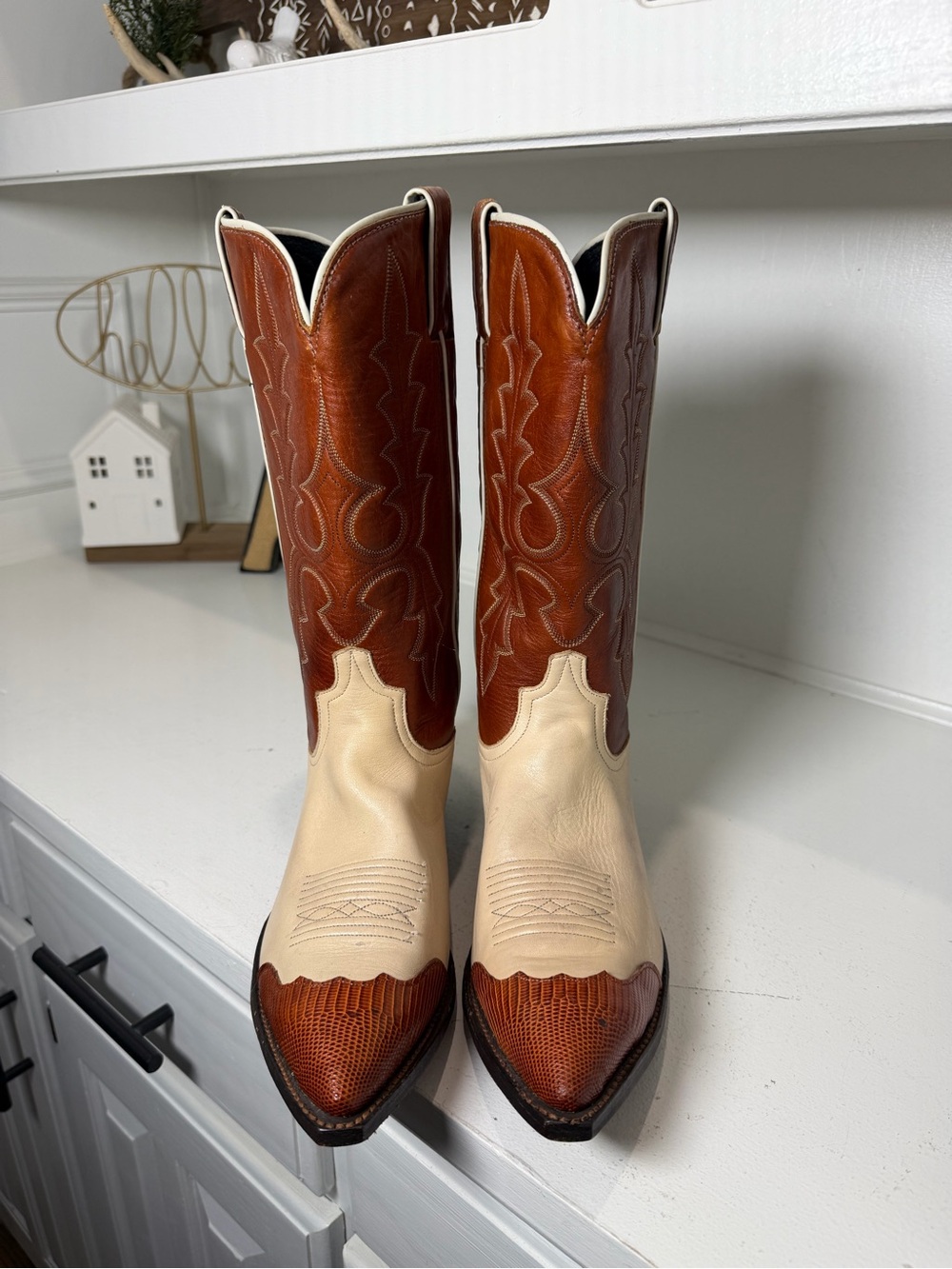 Two-Tone Brown and Cream Women's Western Heeled Boots - Picture 2 of 12